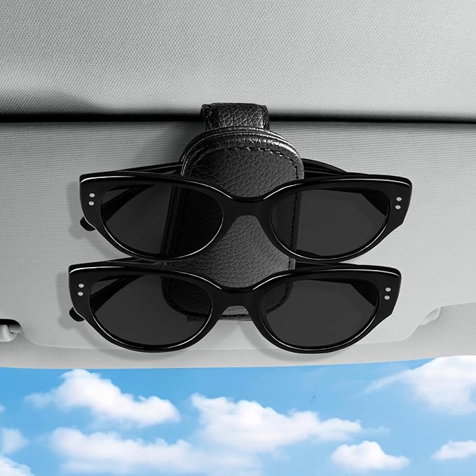 Vanjua 2 Pack Magnetic Leather Sunglass Holder for Car Visor, Universal Visor Sunglasses Holder Clip Car Accessories (Black)