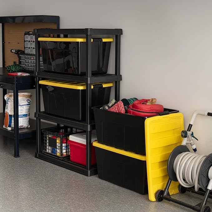 IRIS USA 94 Qt Stackable Plastic Storage Bins with Lids, 4 Pack - BPA-Free, Made in USA - Garage Organizing Solution, Latches, Durable Nestable Containers, Secure Pull Handle - Black/Yellow
