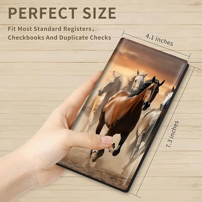 Checkbook Cover for Women & Men PU Leather Checkbook Covers for Personal Checkbook Slim Check Book Credit Card Holder Holder Wallet with RFID Blocking for Duplicate Checks,Running Horse