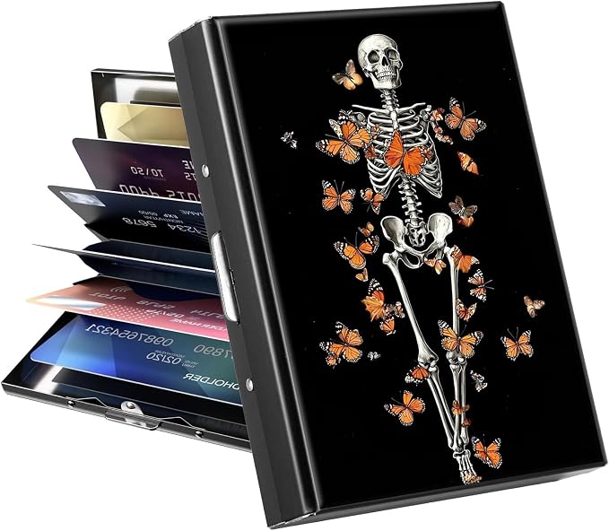 Metal Wallet, Credit Card Holder for Women Men Girls, RFID Blocking Aluminum Wallet Slim Hard Case, Mini Travel Wallet, ID Card Holder Business Card Case,Human Bone Butterfly