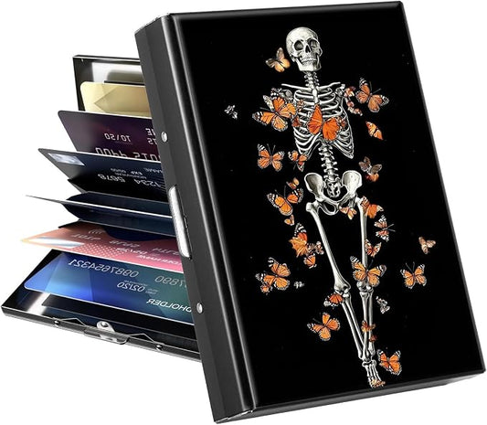 Metal Wallet, Credit Card Holder for Women Men Girls, RFID Blocking Aluminum Wallet Slim Hard Case, Mini Travel Wallet, ID Card Holder Business Card Case,Human Bone Butterfly