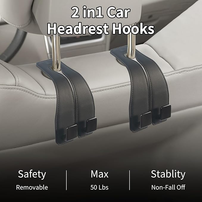 vidonio 2 PCS Car Seat Back Double Hooks - Leather Heavy Duty Hangers for Purse, Grocery Bags, Coats & More - 360° Rotatable, Easy Installation, Space-Saving Car Accessories for Rear Seat Storage
