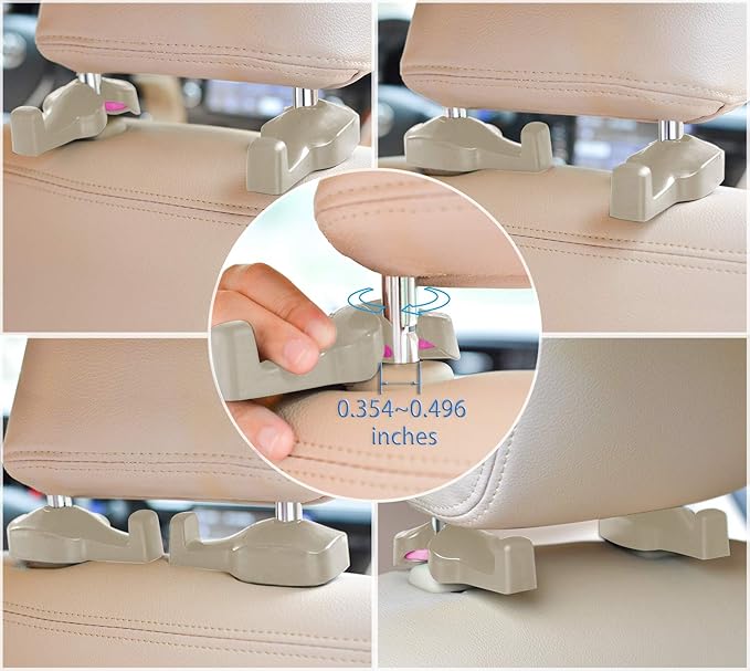 Beige-4Pack Car Purse Hooks (ABS), Heavy Duty Headrest Hooks for Car