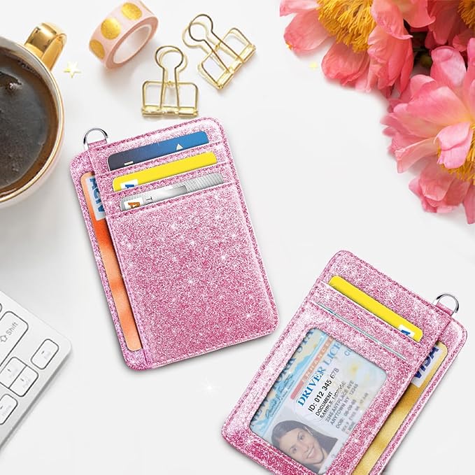 Coco Rossi Slim Front Pocket Wallet RFID ID Card Holder Cute Small Wallet with Wrist Lanyards Key Chain Holder for Women, Peach Pink Glitter