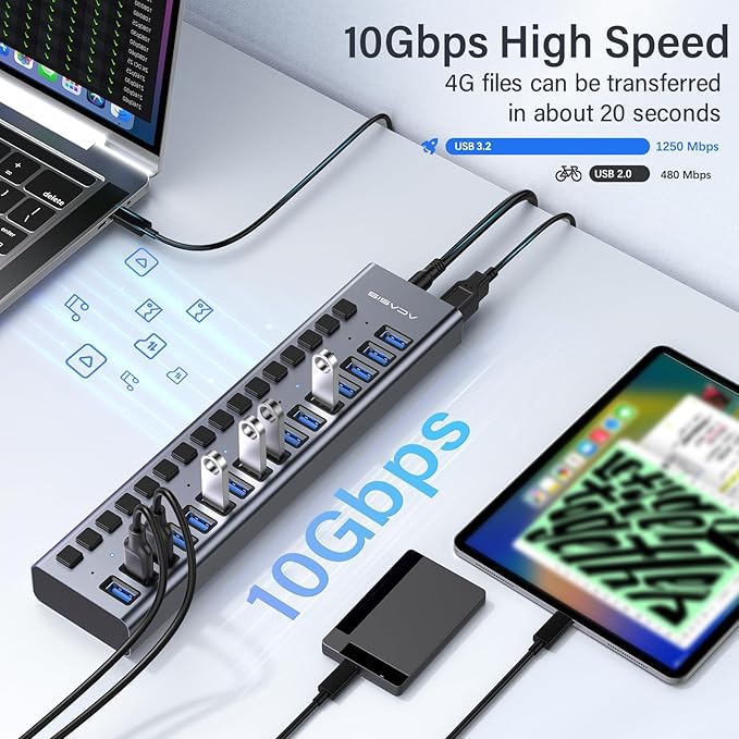 Powered USB 3.2 Hub, ACASIS 16 Ports USB 3.2 Hub with 10Gbps Data Speed，Aluminum Housing, USB Hub Powered with 96W Power Adapter, USB Hub for PC/Laptop, Computer, Flash Drive, Printer, Camera