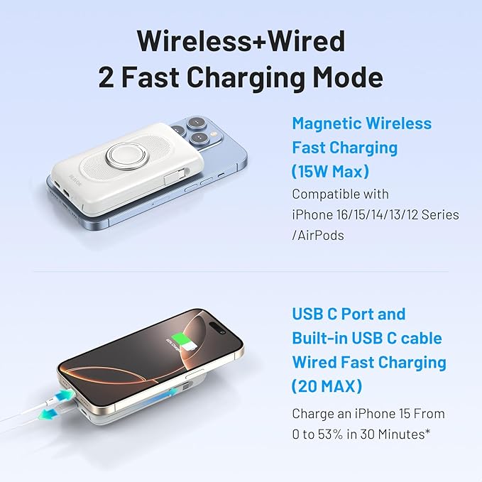 BLAVOR for Magsafe Portable Charger with Built-in Cables, 10000mAh Wireless Magnetic Power Bank with Stand, USB C 20W PD Fast Charging Travel Battery Pack for iPhone 17/16/15/14/13/12 and Apple Watch