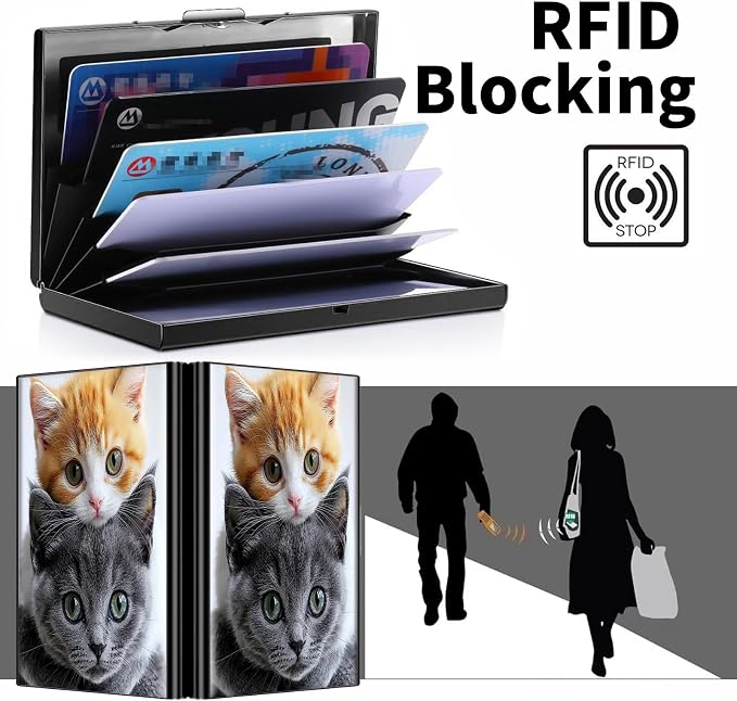 Metal Wallet, Credit Card Holder for Women Men Girls, RFID Blocking Aluminum Wallet Slim Hard Case, Mini Travel Wallet, ID Card Holder Business Card Case,Cute Cats