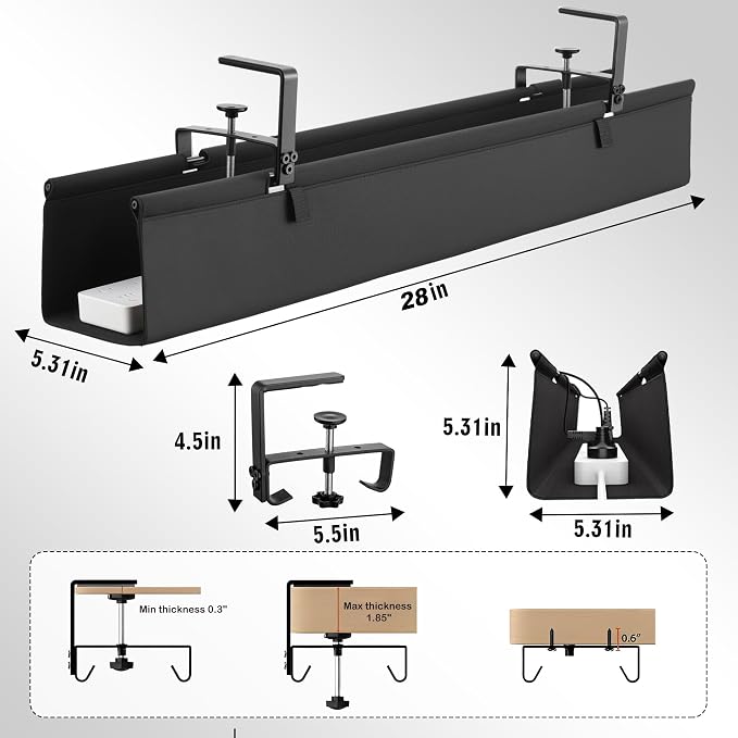 Desk Cable Management Tray, Fabric Cable Organizer, No Drill Large Clamp/Screw Mount Wire Organizer-Support Up to 30lbs, Standing Desk Cable Management for Office Home (Black,28 Inch)