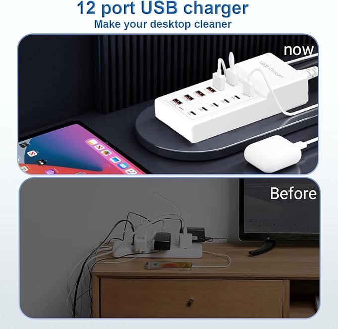 USB Charging Station 50w10A 12 Ports Multiple Charging Block, USB C Strip for iPhone 13/14/15/16/17/Smartphone/Tablet/Watch/Headphones and Multiple Charger Plug