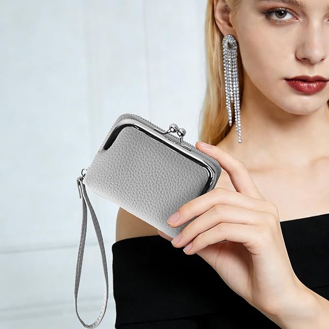 Women's Pebble Leather Wristlet Wallet, 2-in-1 Zip-Around Credit Card Holder with Kiss Lock Coin Purse, Cute Change Purse with Secure Clasp & Card Slots (Light Grey, Small)