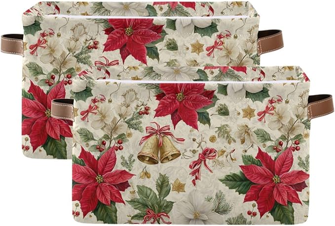 Aslsiy Storage Basket Christmas Botanical Plants Flowers Bells Nursery Bins Baby Canvas Box Clothes Shelf Basket Laundry Hampers 1 Pcs