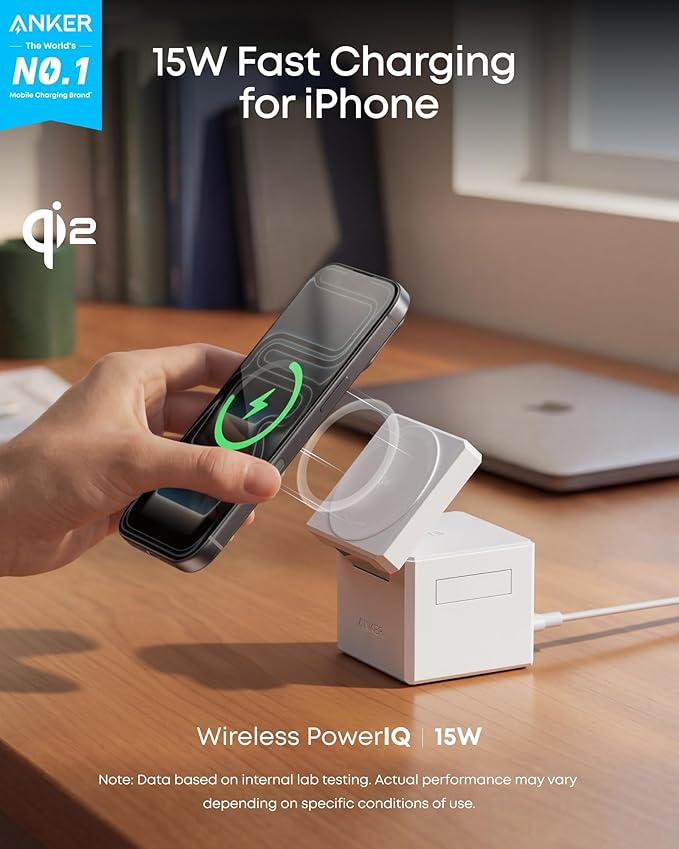 Anker 3-in-1 Cube with Qi2, MagSafe-Compatible Charger, iPhone 17 Wireless Charger, 15W Foldable Fast Charging Stand, for iPhone 17/16 / 15/14, Apple Watch, AirPods (40W USB-C Charger Included)