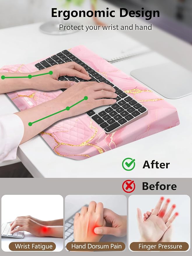 2-in-1 Ergonomic Keyboard Stand with Wrist Rest, Comfy Keyboard Riser Holder with Massage Design, Pink Marble