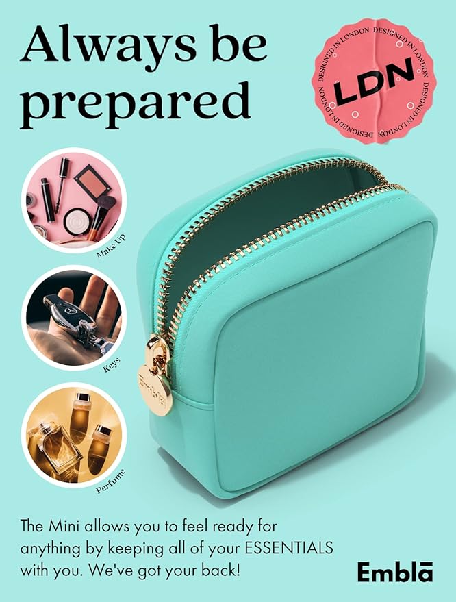 Embla Small Makeup Bag for Purse, Mini Waterproof Nylon Cosmetic Pouch, Durable and Lightweight Travel Toiletry Bag with Smooth Zipper, Turquoise
