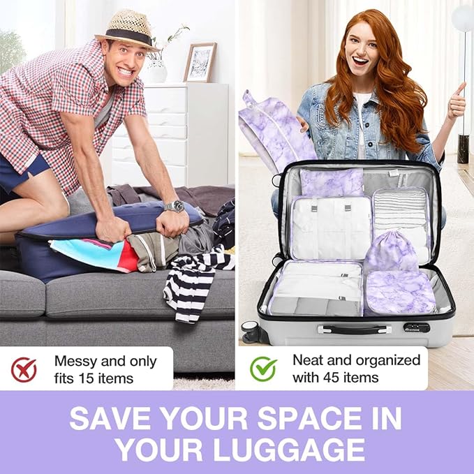 8 Set Packing Cubes for Suitcases,Packing Cubes with Shoe,Cosmetics,Clothing,Accessories Bags for Travel Luggage Organizer Women Men(Purple Marble)