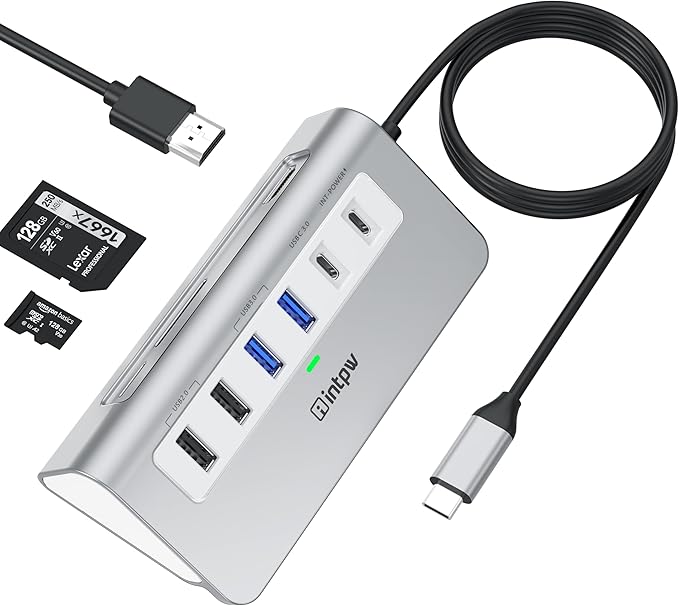 P9 USB C Docking Station, intpw 9-in-1 USB C Hub with 4K HDMI, PD 100W, 3 Type A/C 3.0 5Gbps, 2 Type-A 2.0, SD/TF, Aluminum USB Hub for Laptop,MacBook, iPad, iPhone 17 Series
