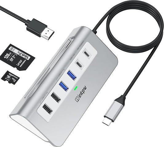 P9 USB C Docking Station, intpw 9-in-1 USB C Hub with 4K HDMI, PD 100W, 3 Type A/C 3.0 5Gbps, 2 Type-A 2.0, SD/TF, Aluminum USB Hub for Laptop,MacBook, iPad, iPhone 17 Series