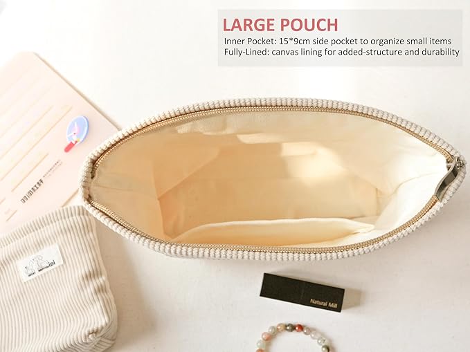 HAPPYHEIDI Corduroy Makeup Bag Set 3 w Divider Cosmetic Toiletry Travel Pouch Purse Organizer, 3-Size, Soft Creamy White