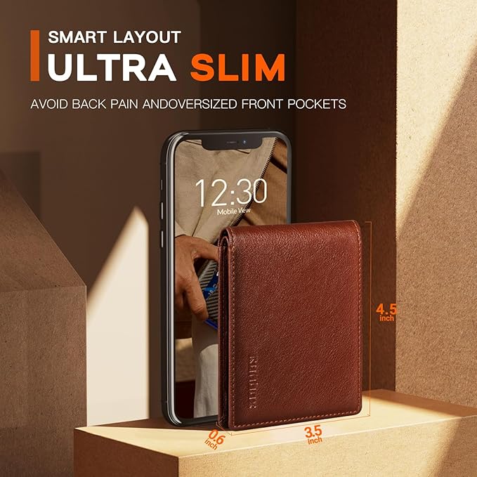 RUNBOX Wallet for Men Slim Leather Bifold RFID Blocking Minimalist Front Pocket Design with Gift Box
