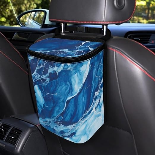 Car Trash Bag with Lid - Collapsible, Waterproof Car Organizer and Storage Accessory for Women, Dark Blue Marble Print