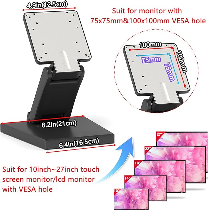 Adjustable Metal Folding Monitor Bracket for Touch Screen Desk Mount with VESA Hole 75x75mm&100x100mm All in Single PC Stand (Black)