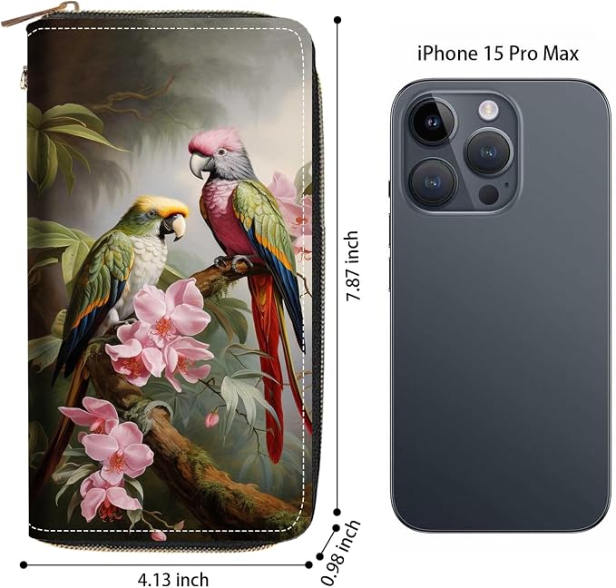 Women's Large Capacity Wallet PU Leather Zip Around Clutch Purse Multifunctional Wallet with Removable Wristlet Strap for Smart Phone/Coin/Card/Cash, Parrot