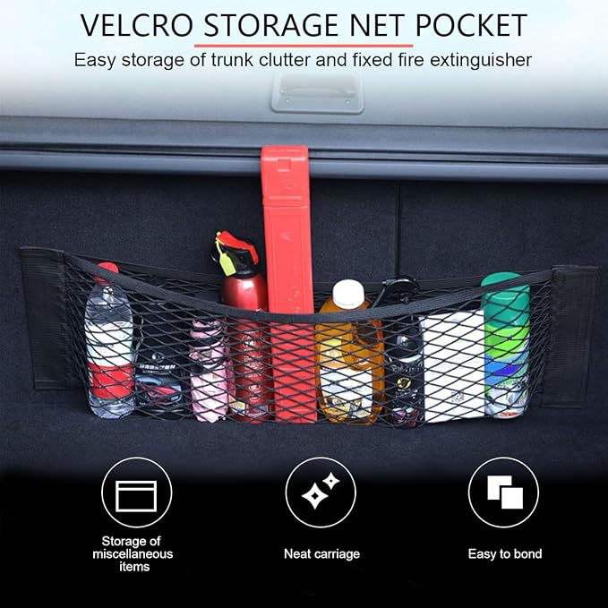 AUCELI Car Mesh Cargo Net, 2PCS 9.8 x 31.5in Elastic Vehicle Storage Mesh Pocket with Adhesive Tape, Automotive Trunk Net Wall Sticker Pouch Bag Accessories, Universal for Truck RV SUV