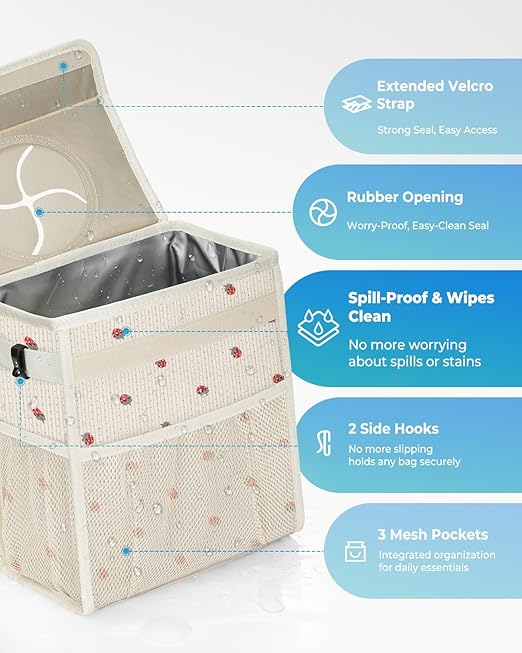 Corduroy Car Trash Can with Lid and Mesh Pockets - Leakproof Organizer,Multipurpose Waterproof Garbage Can/Trash Bin for Car(Beige/Red Strawberry Print-3 Gallons)