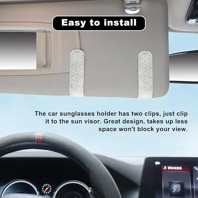 Sunglasses Holder for Car Visor, Auto Soft Leather Glasses Case with Magnetic Clips, Car Sun Visor Eyeglasses Holder Protective Box, Universal Interior Car Accessories (White)