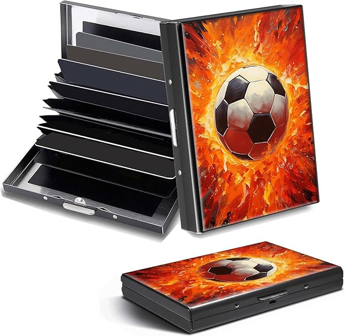 Credit Card Holder, Art Fire Football Design Mini RFID Blocking Aluminum Wallet Slim Metal Hard Case Shell Travel Wallet ID Case Small Credit Cards Case Business Cards for Women Men Girls