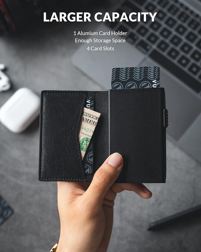 VULKIT Men's Slim Wallets Pop Up Card Holder RFID Blocking Metal Wallet Minimalist Design Holds Up to 11 Cards