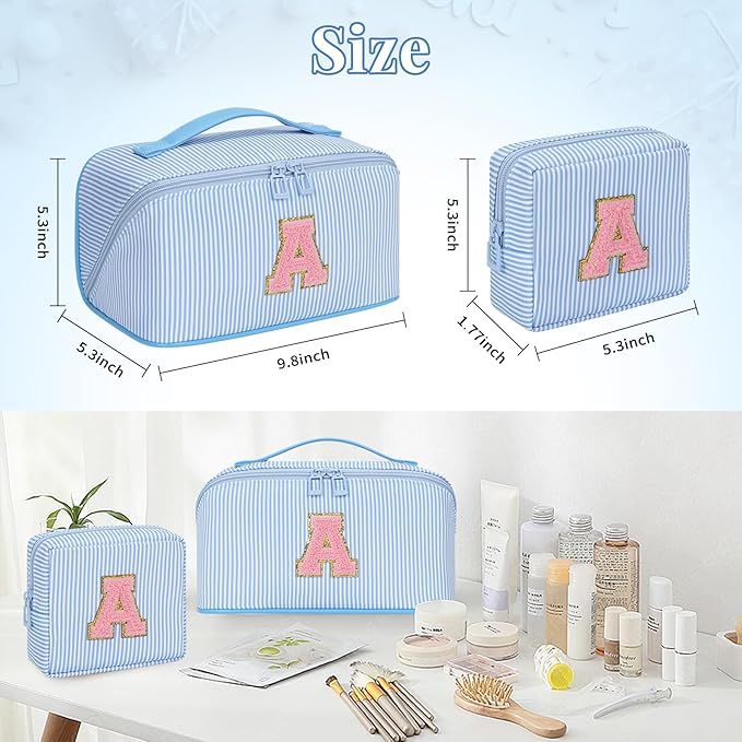 2026 Graduation Gifts - Travel Makeup Bag for Women, 2Pcs Portable Personalized Initial Makeup Organizer Bag, Open Flat Large Cosmetic Bag With Travel Essential Pouch (Blue Letter C)
