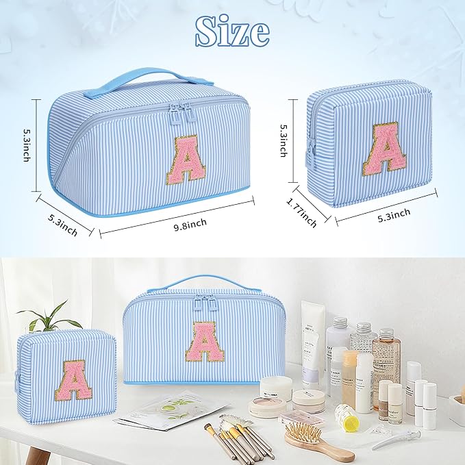 2026 Graduation Gifts - Travel Makeup Bag for Women, 2Pcs Portable Personalized Initial Makeup Organizer Bag, Open Flat Large Cosmetic Bag With Travel Essential Pouch (Blue Letter H)