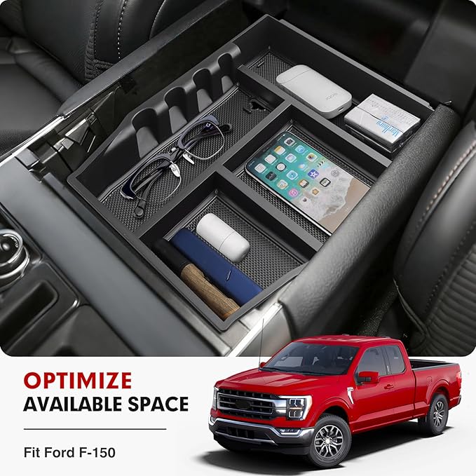 Autorder Center Console Organizer for Ford F-150 F150 2021-2026 Accessories Armrest Storage Box Secondary Insert Tray with 2 Color Mats
