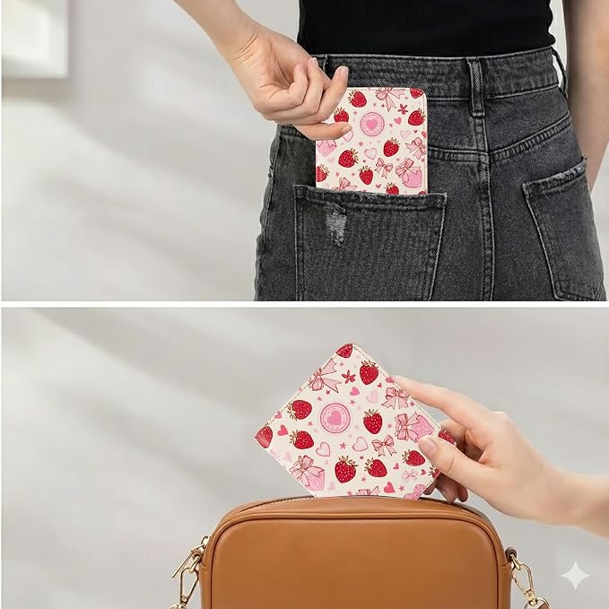 AIRMORS Small Wallet Women Cute Credit Card Holder Billfold Slim Card Holder Wallets for Travel Girls Thin Bifold Pocket Mini Coin Purse with ID Window (Pink Strawberries)