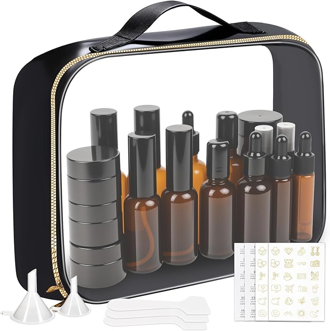 29 Pack TSA Approved Glass Travel Skincare Containers,Toiletry Bag，1.7/1/0.7/0.5/0.3oz Refillable Traveling Size Containers with Pump, Jars & Essential Oil Bottle , Leak-Proof for Creams & Liquids