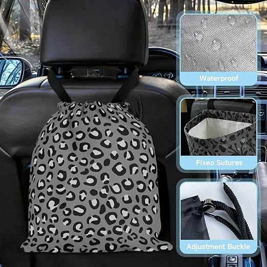 Grey Leopard Pattern Car Trash Bag - Waterproof Car Trash Bag Hanging Leakproof Car Garbage Bag - Washable Reusable Trash Bag For Car Interior Hanging Organizer Storage Vehicle Travelling Camping