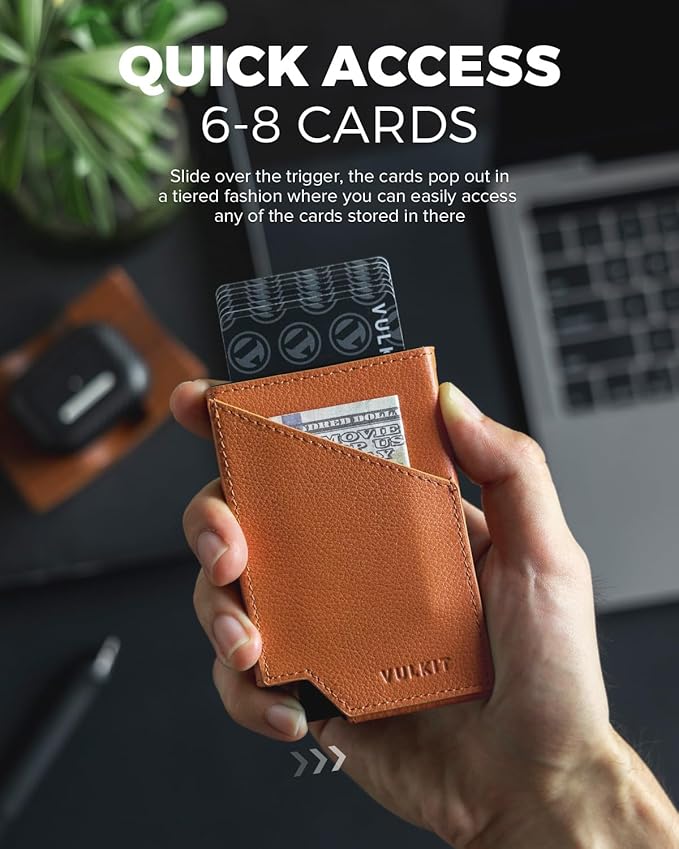 VULKIT Pop up Card Wallet Genuine Leather RFID Blocking Slim Aluminum Metal Bank Card Holder Case with Business Money Pocket for Credit Cards Notes and Coins Brown