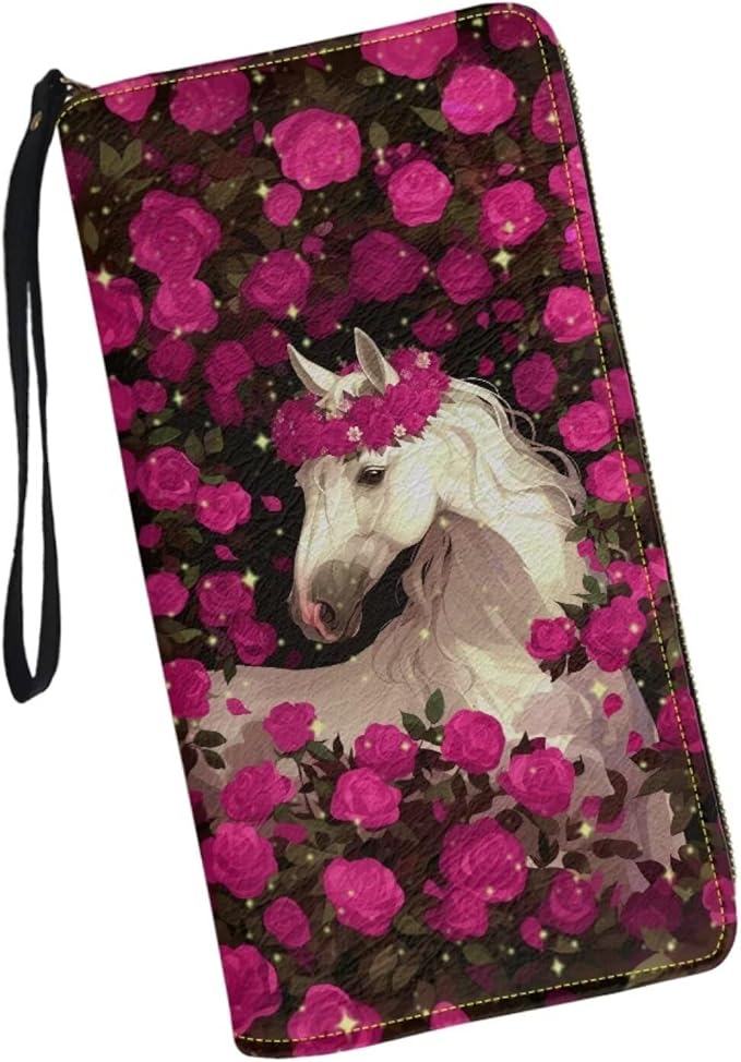 Bulopur Horse Rose Womens Wristlet Wallet Credit Card Holder Purse Credit Card Holder PU Leather Handbag Clutch Purse Customized Gifts for Women Girls Mom Ladies