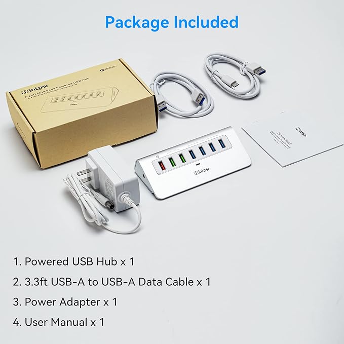 Powered USB Hub 10Gbps, 7 Port USB 3.2 Gen 2 Hub with 4 USB 3.2 Data Ports, 3 Fast Charging Ports, 36W Power Adapter, Type A and Type C Cable, Aluminum USB Data Hub for Mac, PC, Laptop