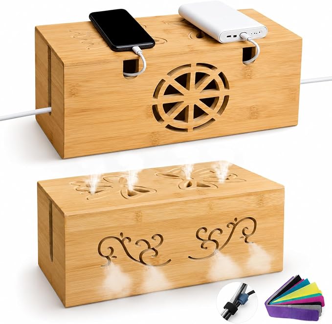 Cable Management Box - Large Bamboo Cord Organizer for Desk and Home Office - Power Strip Hider with Ventilation, 15.7 x 6.7 x 6.7in