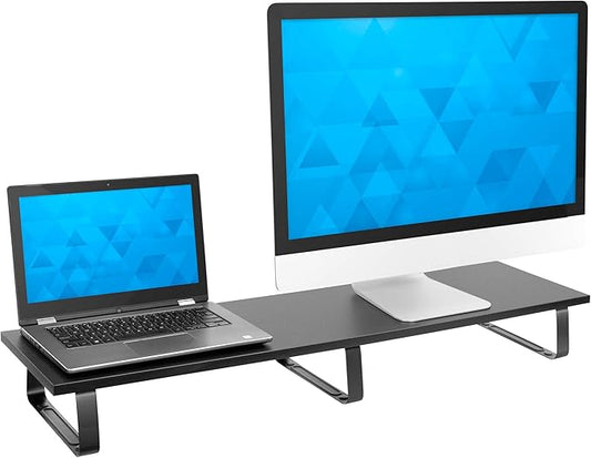 Mount-It! 39" Extra Long Dual Monitor Stand Riser ??Ergonomic Desk Organizer for 2 Monitors, Laptop, TV, or Printer ??Heavy-Duty Steel & Wood Desktop Shelf with Storage ??Supports 44 Lbs ??Black