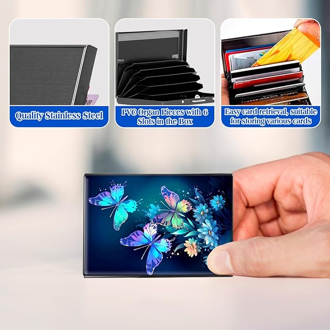 RFID Blocking Credit Card Holder - Slim Metal Wallet for Women & Men,Blue Butterflies Flowers Design Stainless Steel Business Card Case,Compact Pocket Organizer for Travel & Daily Use
