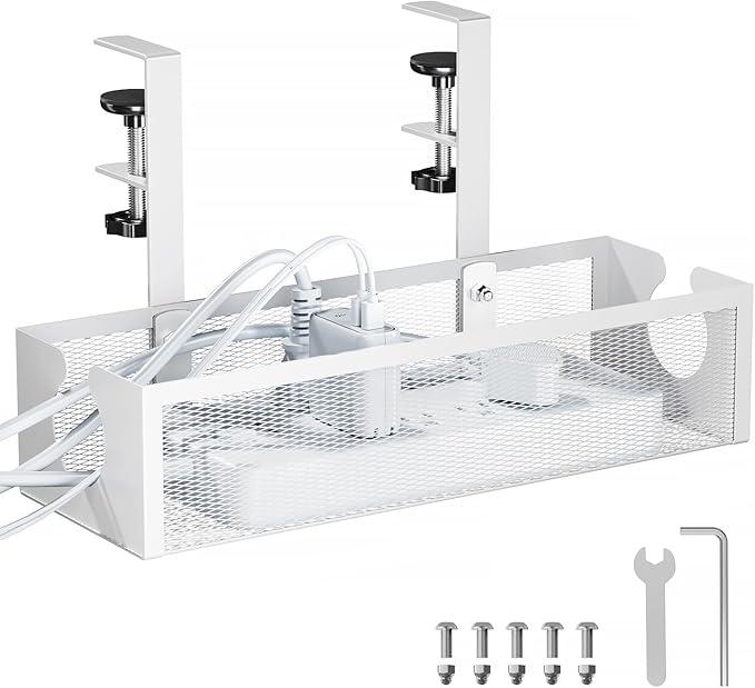 YECAYE No-Drill Metal Under Desk Cable Management Tray, Power Strip & Cable Organizer for Home Office,Under Desk Storage,Organizer Tray,White
