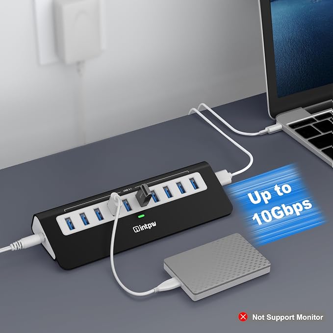 Powered USB Hub, intpw 10 Port USB 3.1 Hub with 10Gbps Data Transfer, 36W(12V/3A) Power Adapter, USB Type A and Type C Cable, Grey USB Hub for Laptop, MacBook and Desktop Computer