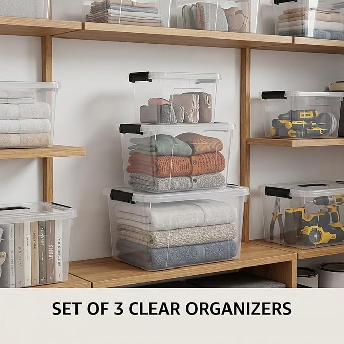 Clear Storage Latch Box/Bin, 3-Pack Plastic Organizing Container with Handle and Lids (7QT/16QT/22QT)