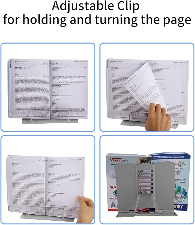Blizzow Desk Book Stand Holder - Hands Free, Adjustable Metal Stand, Foldable Portable for Cookbook, Recipe, Tablet, Music, Documents (Grey)