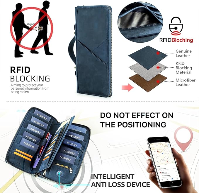 CONTACTS Family Passport Holder for 10 Full Grain Leather Passport Holder Compatible with Airtag for Family Travel Document Organizer Multiple Passport Wallet with Rfid Blocking (Blue)