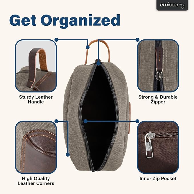 emissary Men's Canvas Travel Toiletry Bag, Leather Dopp Kit - Light Gray | Durable canvas & PU leather, water-resistant lining, side handle; roomy men's Dopp kit for travel & gym