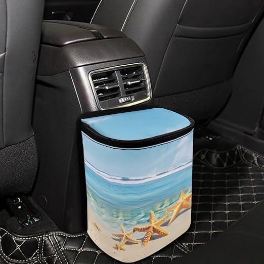 Biyejit Beach Starfish Car Trash Can with Lid, Cute Leakproof Car Trash Garbage Bag Hanging Vehicle Trash Bin Small Portable Automotive Garbage Cans Organizer for Back/Front Seat/Console
